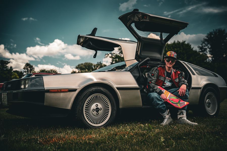 DeLorean with both gullwing doors open
