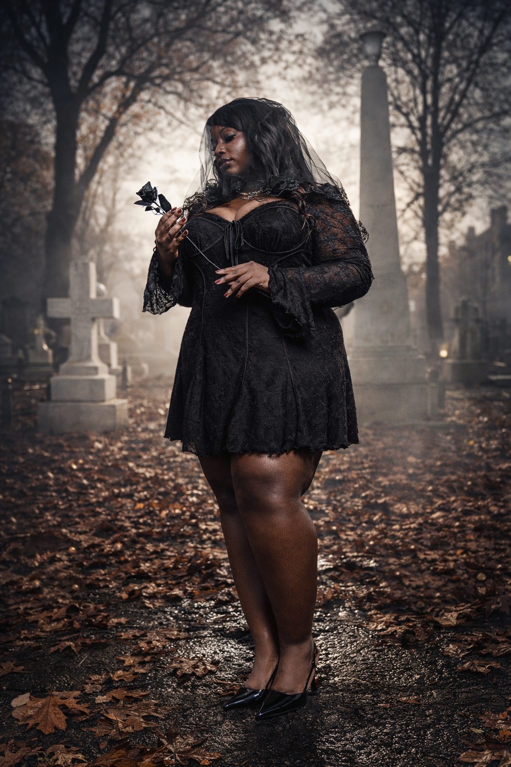 Gothic romance portrait in black lace, photographed in a misty park by Zoomatic Visuals